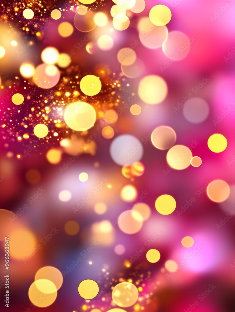 Obraz premium A vibrant and celebratory backdrop featuring a captivating blend of pink and gold bokeh lights. The abstract design evokes a sense of joy, festivity, and celebration, making it perfect for backgrounds