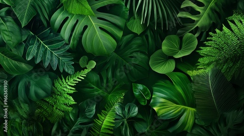 A vibrant, close-up view of lush tropical foliage in shades of emerald green, showcasing the beauty and texture of various leaves. Symbolizing nature's abundance, tranquility, and the interconnectedne