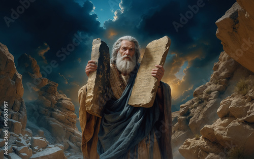 Moses holding the tablets with the Ten Commandments photo