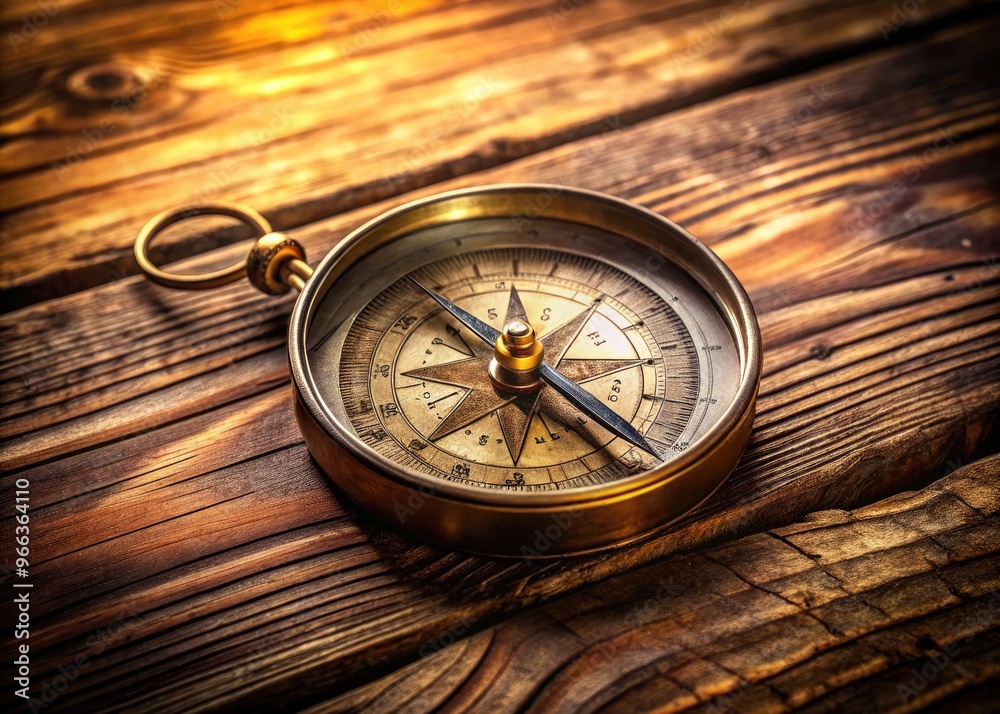 Aged, worn, and rustic compass with a simple, elegant design, resting on a vintage wooden table, surrounded by subtle, warm, and natural lighting. Aged, worn, and rustic compass with a simple, elegant design, resting on a vintage wooden table, surrounded by subtle, warm, and natural lighting.