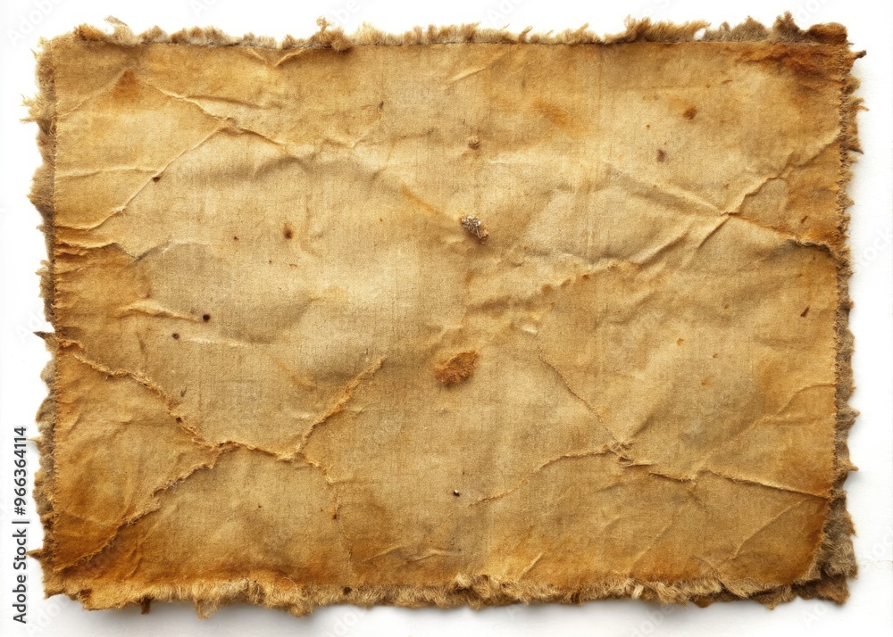 Fototapeta premium Aged, worn, and torn vintage paper texture with frayed edges, creases, and rusty staples, providing a distressed, grungy, and eclectic background for creative design projects.