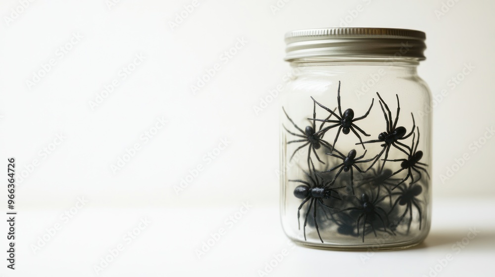 A jar filled with realistic-looking black spiders, creating an eerie effect. A jar filled with realistic-looking black spiders, creating an eerie effect.
