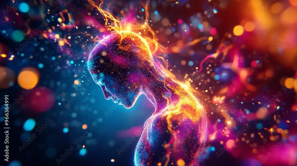 An abstract figure composed of glowing particles, symbolizing resilience, inner strength, transformation, hope, and spiritual awakening. The figure's pose conveys a sense of vulnerability and strength An abstract figure composed of glowing particles, symbolizing resilience, inner strength, transformation, hope, and spiritual awakening. The figure's pose conveys a sense of vulnerability and strength