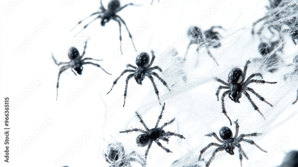 A close-up view of multiple black spiders on a web against a light background. A close-up view of multiple black spiders on a web against a light background.