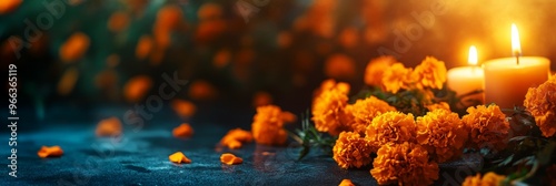 An altar adorned with marigolds, candles, and greenery, representing the celebration of Día de Muertos, a Mexican holiday honoring deceased loved ones. photo