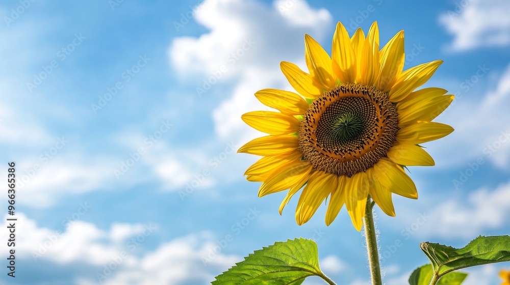 A sunflower in the foreground with a bright blue sky and white fluffy clouds in the background, representing optimism and positivity. A sunflower in the foreground with a bright blue sky and white fluffy clouds in the background, representing optimism and positivity.