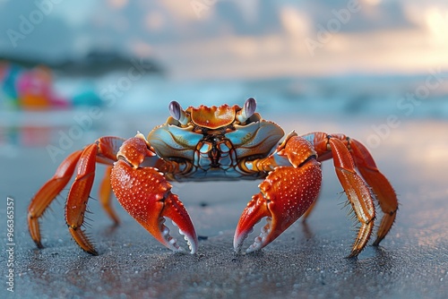 A vibrant red crab with large claws stands on a sandy beach with a blurred background of ocean waves and a colorful inflatable.