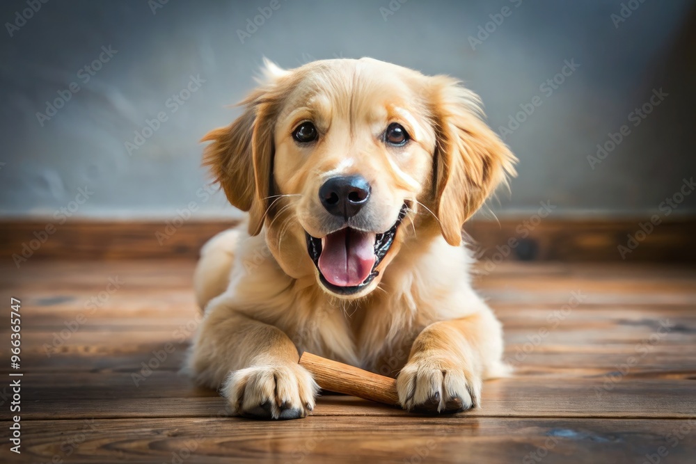 A happy, scruffy golden retriever puppy lies on a worn wooden floor, proudly grasping a well-gnawed bone between its teeth, tail wagging faintly. A happy, scruffy golden retriever puppy lies on a worn wooden floor, proudly grasping a well-gnawed bone between its teeth, tail wagging faintly.