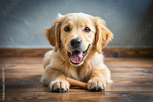 A happy, scruffy golden retriever puppy lies on a worn wooden floor, proudly grasping a well-gnawed bone between its teeth, tail wagging faintly. photo