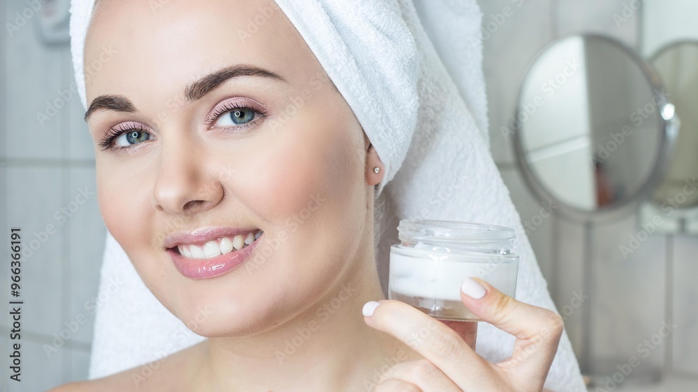 Closeup Young woman with towel on his head put the cream on the face. Holding jar of cream. Closeup Young woman with towel on his head put the cream on the face. Holding jar of cream.