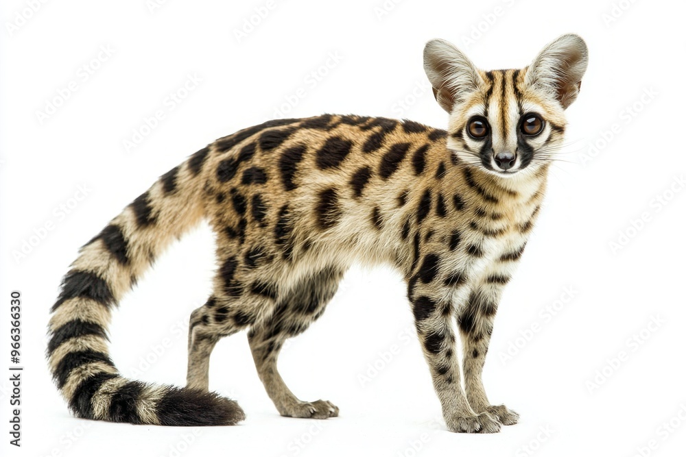 graceful spotted genet showcases its long, slender body and distinctive spotted coat, with a vibrant expression against a seamless white background. graceful spotted genet showcases its long, slender body and distinctive spotted coat, with a vibrant expression against a seamless white background.