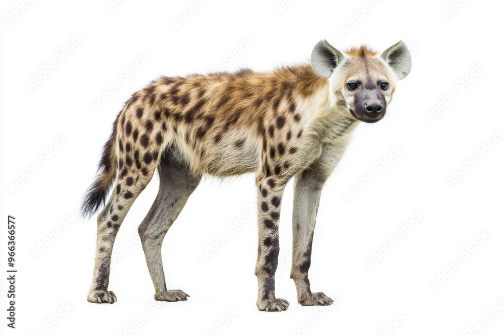 spotted hyena, with its distinctive fur pattern, stands elegantly, turning its head to reveal an intriguing profile. The simple background highlights its natural beauty and character. spotted hyena, with its distinctive fur pattern, stands elegantly, turning its head to reveal an intriguing profile. The simple background highlights its natural beauty and character.