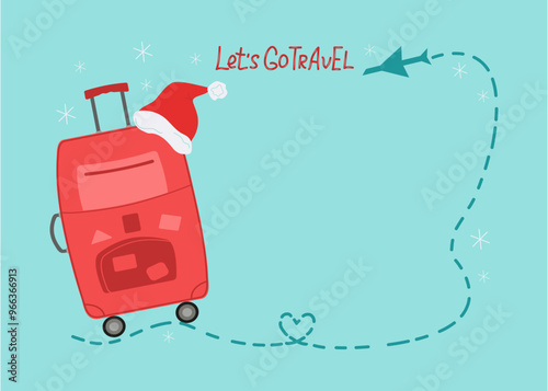 Banner, postcard with text. Santa red suitcase with stamps of different countries, Christmas vacation trip. Santa hat. New Year, Christmas. Hand lettering. Air travel, airplane. Isolated background.
