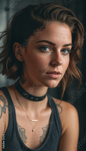 Close-Up of a Stylish Woman with Short Blonde Hair and Freckles Wearing a Black Choker and Necklace