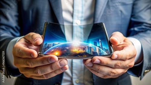 Demonstration of a Flexible OLED Screen by Hands in a Futuristic Setting photo