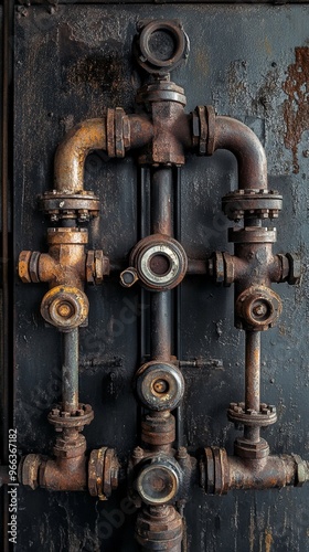 Vintage industrial plumbing system with rusty pipes, valves, and fittings on weathered metal surface, showcasing intricate network of old waterworks machinery.