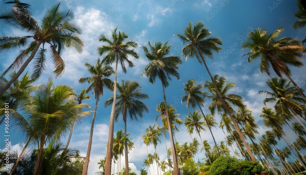 Low angle view from below of coconut palm tree against cloud and blue sky Low angle view from below of coconut palm tree against cloud and blue sky