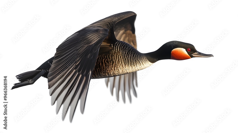 Fototapeta premium Black-necked Grebe Bird Flying on White Background, Photo Realistic, Wallpaper, Cover and Screen for Smartphone, PC, Laptop, 9:16 and 16:9 Format