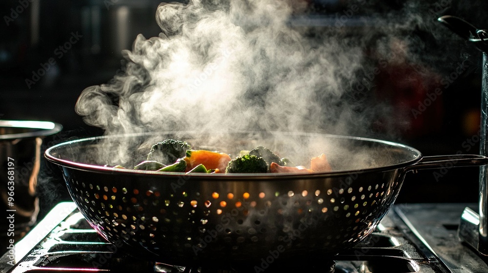 A steaming pot on a stove with rising steam from a wok A steaming pot on a stove with rising steam from a wok