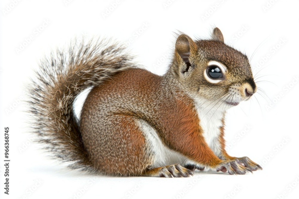 adorable sun squirrel sits upright, its bushy tail elegantly curled around its body as it gazes curiously. The bright white background accentuates its natural beauty and charm. adorable sun squirrel sits upright, its bushy tail elegantly curled around its body as it gazes curiously. The bright white background accentuates its natural beauty and charm.