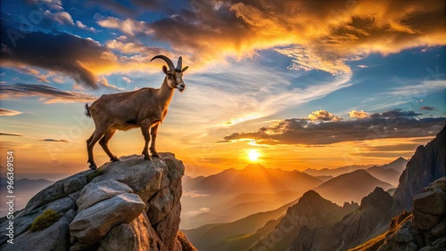 A majestic goat perches atop a rugged mountain peak, its curved horns and agile body silhouetted against a breathtaking sunset, symbolizing determination and resilience. photo