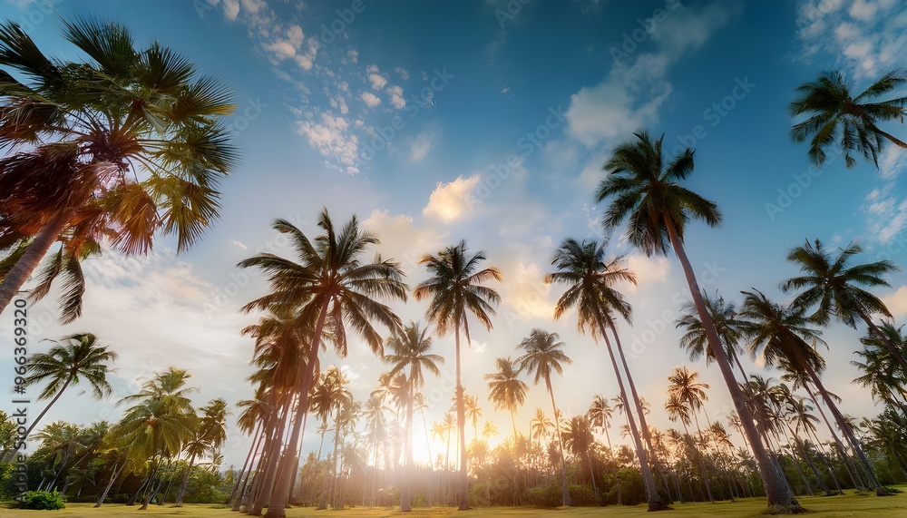 Fototapeta premium Low angle view from below of coconut palm tree against cloud and blue sky