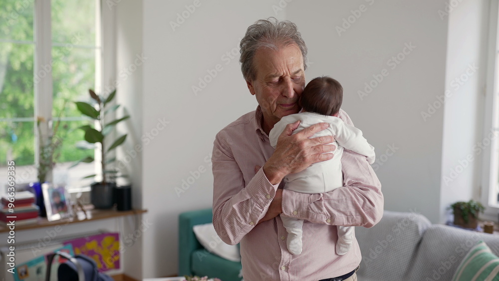 Grandfather gently cradling newborn baby in a cozy living room, eyes closed in a moment of affection and bonding, highlighting the warmth of family love and connection Grandfather gently cradling newborn baby in a cozy living room, eyes closed in a moment of affection and bonding, highlighting the warmth of family love and connection
