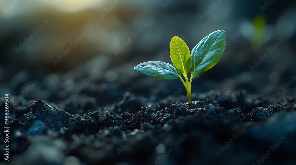 A small green sprout emerges from the soil of the black earth, representing new life and growth in the A small green sprout emerges from the soil of the black earth, representing new life and growth in the