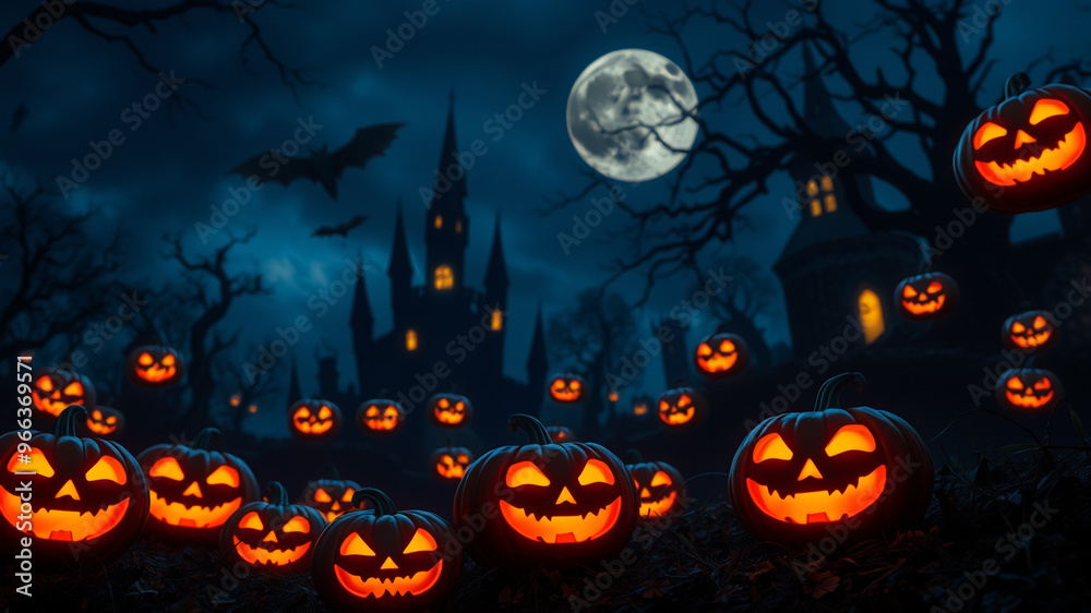 Jack O' Lanterns Glowing In Fantasy Night. Halloween Background Jack O' Lanterns Glowing In Fantasy Night. Halloween Background