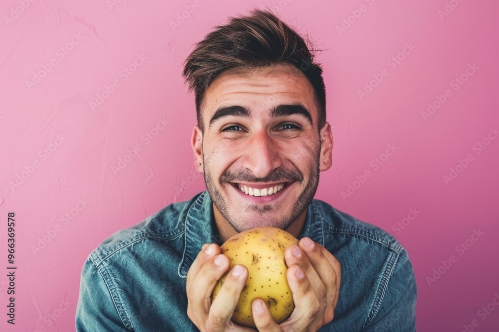 Joyful young man holding a large potato against a pink background Joyful young man holding a large potato against a pink background