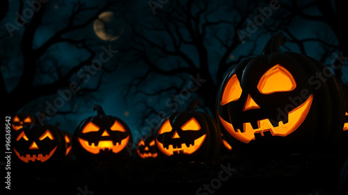 Jack O' Lanterns Glowing In Fantasy Night. Halloween Background 