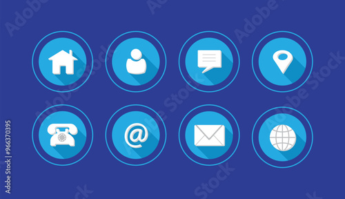 Vector set of 8 round blue-themed modern contact icons with sleek, minimalist design