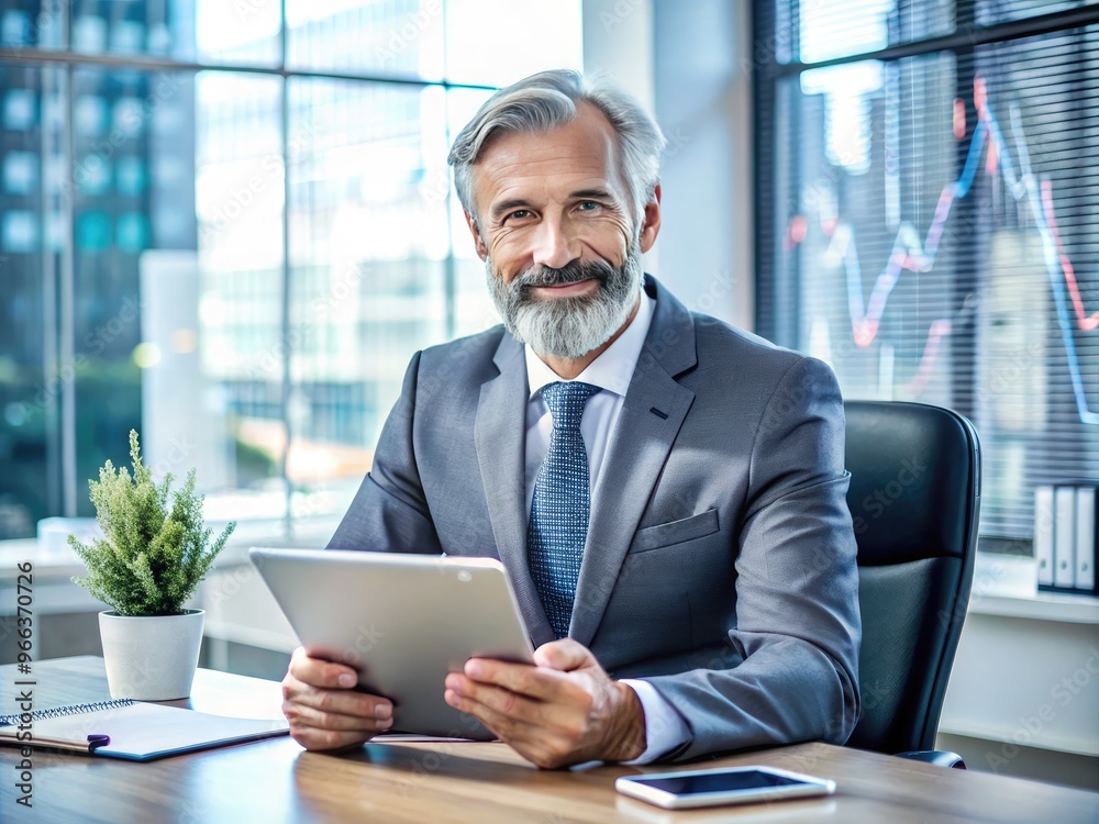 A mature investor sits in a luxurious office, surrounded by financial charts and graphs, holding a tablet, with a calm and confident expression. A mature investor sits in a luxurious office, surrounded by financial charts and graphs, holding a tablet, with a calm and confident expression.