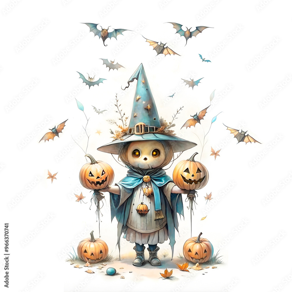 the witch holds pumpkins against the background of bats. illustration. drawing the witch holds pumpkins against the background of bats. illustration. drawing