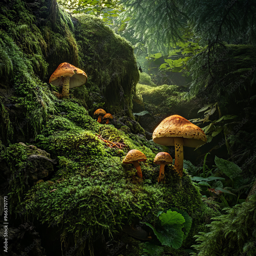 Fototapeta premium Boletus mushrooms emerging in a lush forest, surrounded by vibrant green moss.