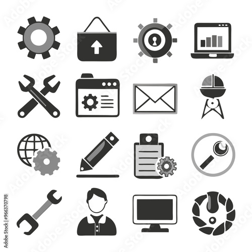Vector set of repair flat icons. Contains icons device repair, technical support, engineer, tool kit, home repair, maintenance, list works and more. Pixel perfect