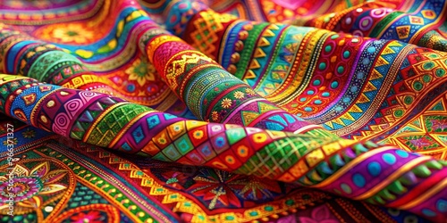 Vibrant Geometric Fabric with Intricate Patterns, Digital Art, Textile, Pattern, Fabric