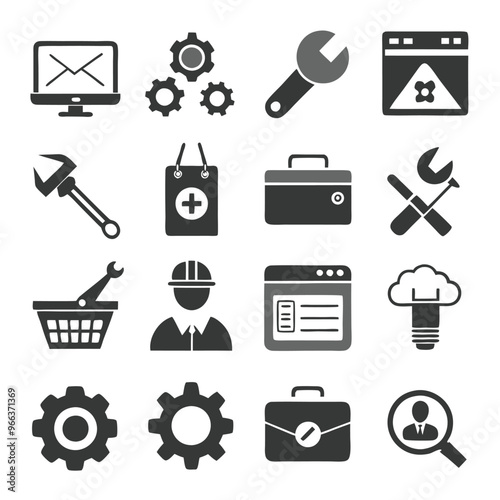 Vector set of repair flat icons. Contains icons device repair, technical support, engineer, tool kit, home repair, maintenance, list works and more. Pixel perfect