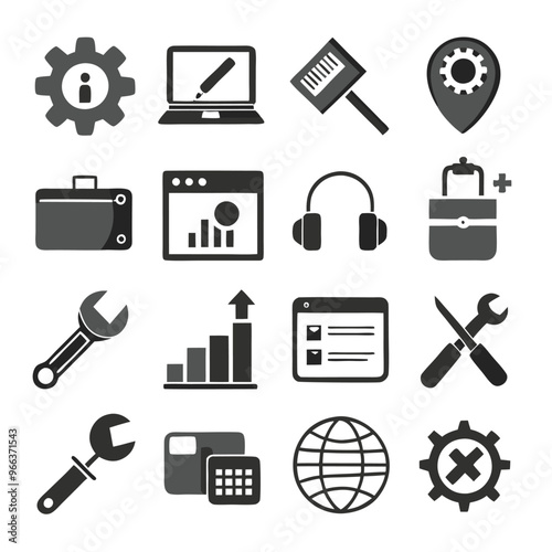 Vector set of repair flat icons. Contains icons device repair, technical support, engineer, tool kit, home repair, maintenance, list works and more. Pixel perfect