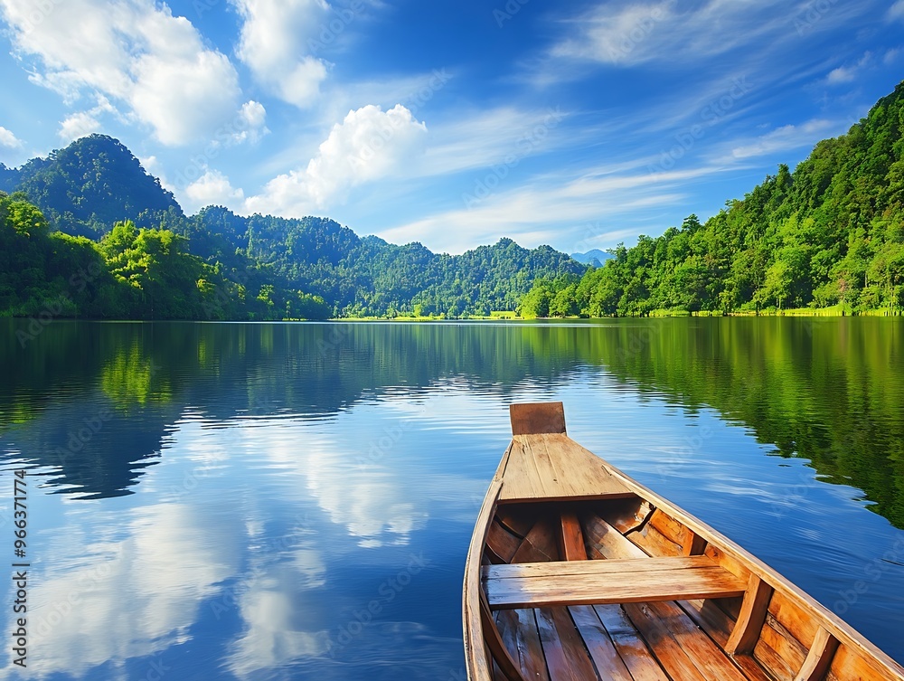 A lake scene with a wooden boat drifting near green mountains, under a vivid blue sky. A lake scene with a wooden boat drifting near green mountains, under a vivid blue sky.