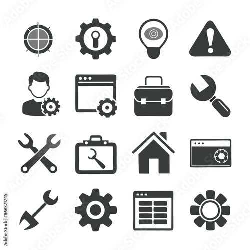 Vector set of repair flat icons. Contains icons device repair, technical support, engineer, tool kit, home repair, maintenance, list works and more. Pixel perfect