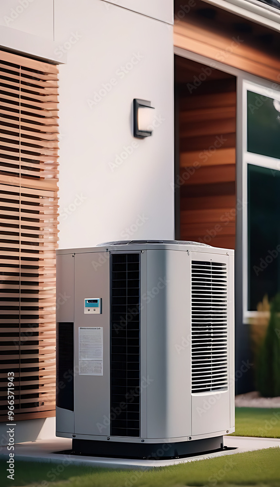 heat pump outside home front view photographed clean cinematic minimal aesthetic ai generative heat pump outside home front view photographed clean cinematic minimal aesthetic ai generative