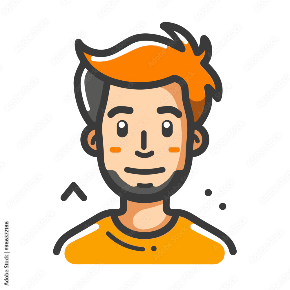 A man with a beard and orange shirt. He is smiling. The image is of a cartoon man A man with a beard and orange shirt. He is smiling. The image is of a cartoon man