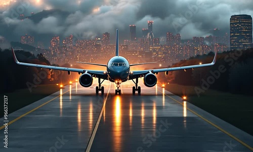 A plane is flying over a city with a cloudy sky