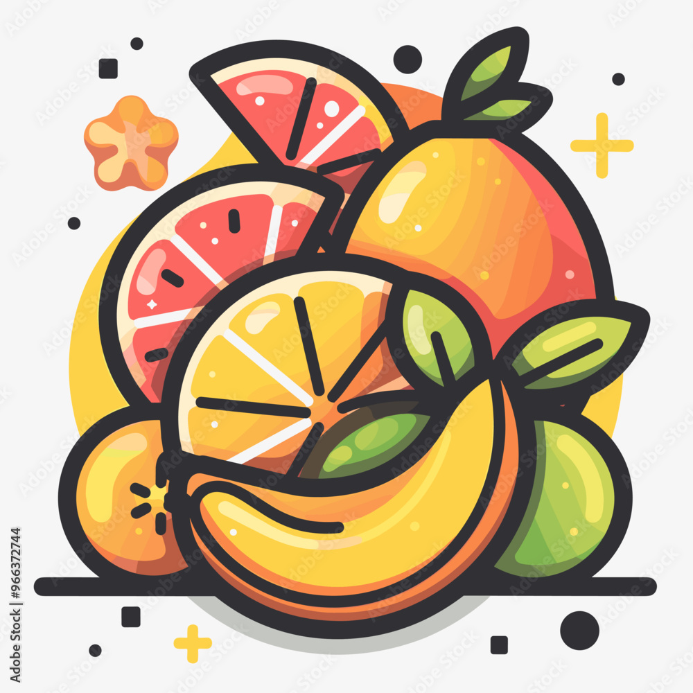 A colorful drawing of various fruits, including bananas, oranges, and grapefruits. Concept of freshness and abundance, with the fruits arranged in a visually appealing manner A colorful drawing of various fruits, including bananas, oranges, and grapefruits. Concept of freshness and abundance, with the fruits arranged in a visually appealing manner