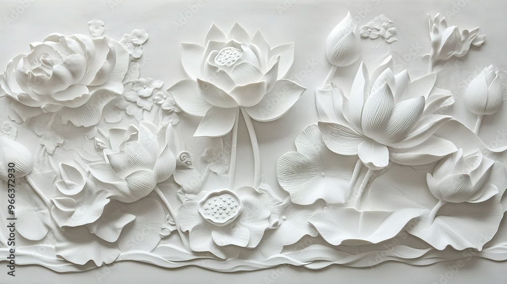 White lotus and floral relief artwork displayed on a wall, showcasing intricate details and patterns in a serene setting White lotus and floral relief artwork displayed on a wall, showcasing intricate details and patterns in a serene setting