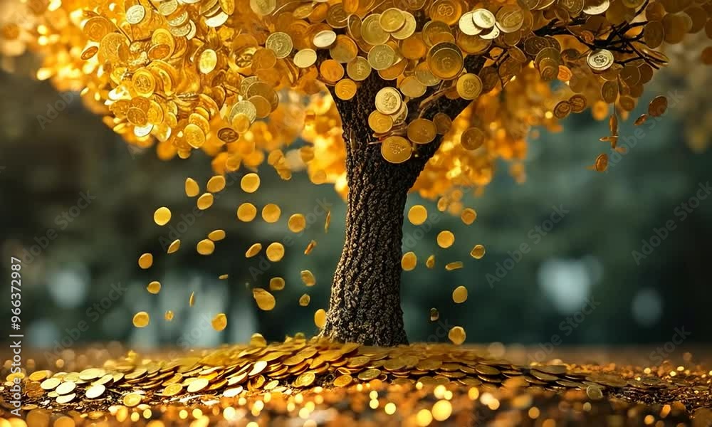 A tree with gold coins falling from it