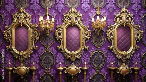 Majestic Baroque Style 3D Wallpaper with Rococo Mirrors and Bold Royal Purple Background	 photo