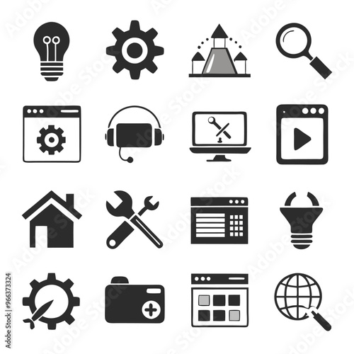Vector set of repair flat icons. Contains icons device repair, technical support, engineer, tool kit, home repair, maintenance, list works and more. Pixel perfect