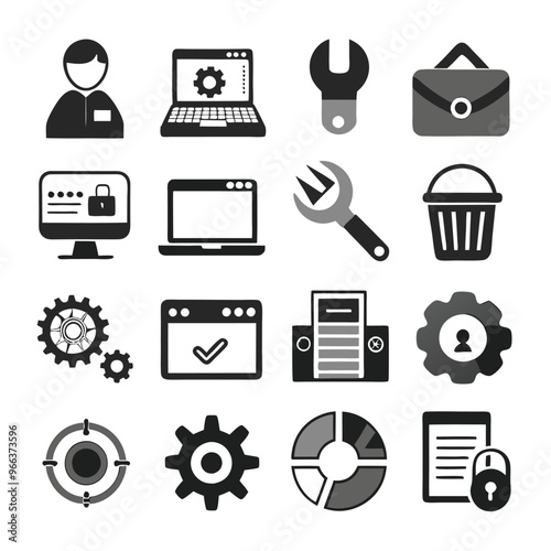 Vector set of repair flat icons. Contains icons device repair, technical support, engineer, tool kit, home repair, maintenance, list works and more. Pixel perfect